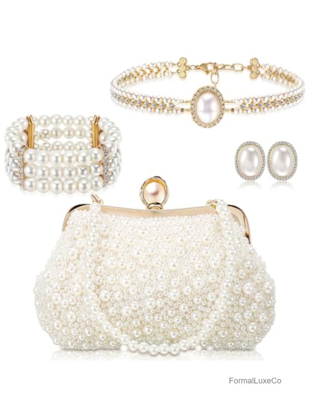 Vintage Art Deco Pearl Jewelry Set with Clutch, Necklace, Earrings, Bracelet